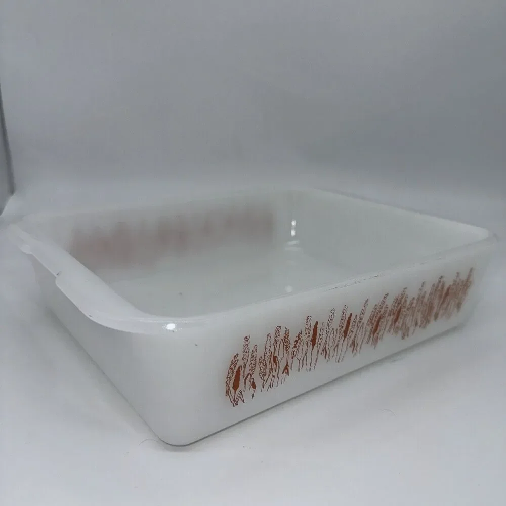 VTG White Ceramic Baking‎ Dish with Copper Wheat Pattern Farmhouse Kitchen Decor